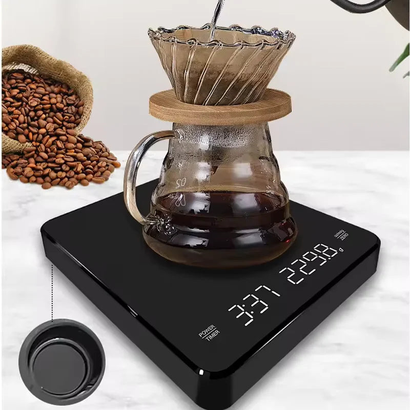 Coffee brewing process with a digital scale displaying weight, surrounded by coffee beans.