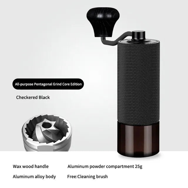 Black coffee grinder with checkered pattern on a white background