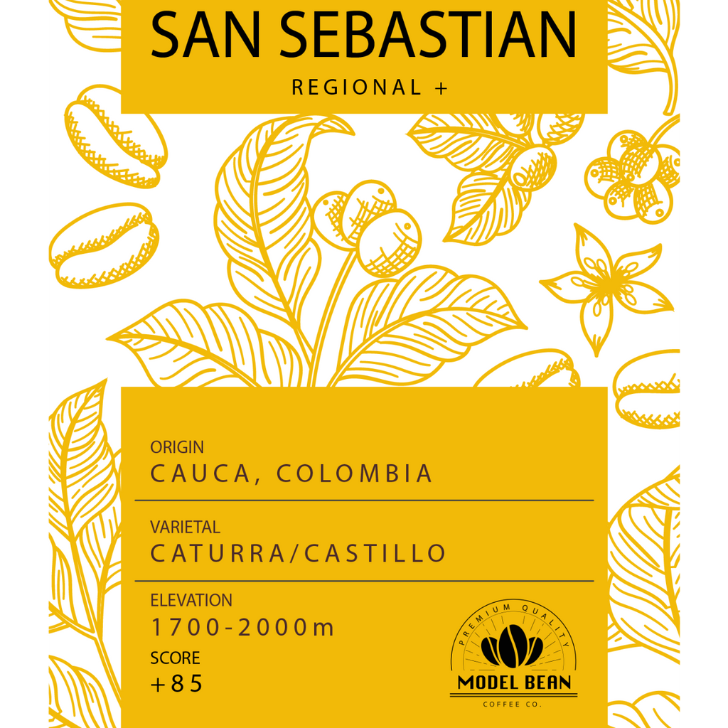 Coffee label with 'San Sebastian' branding and coffee-related graphics on a white background