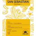 Coffee label with 'San Sebastian' branding and coffee-related graphics on a white background