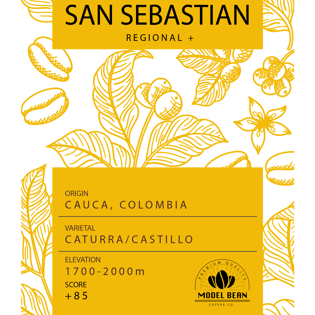 Coffee label with 'San Sebastian' branding and coffee-related graphics on a white background